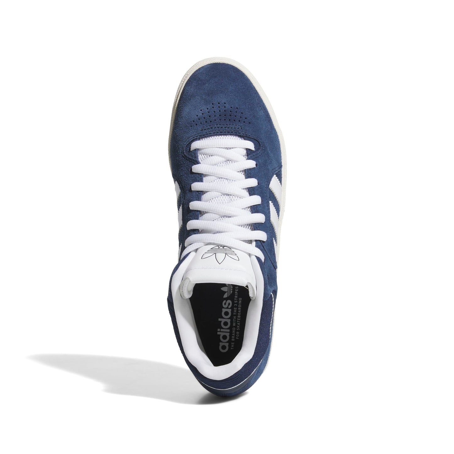 Navy blue sneaker with white laces on a white background