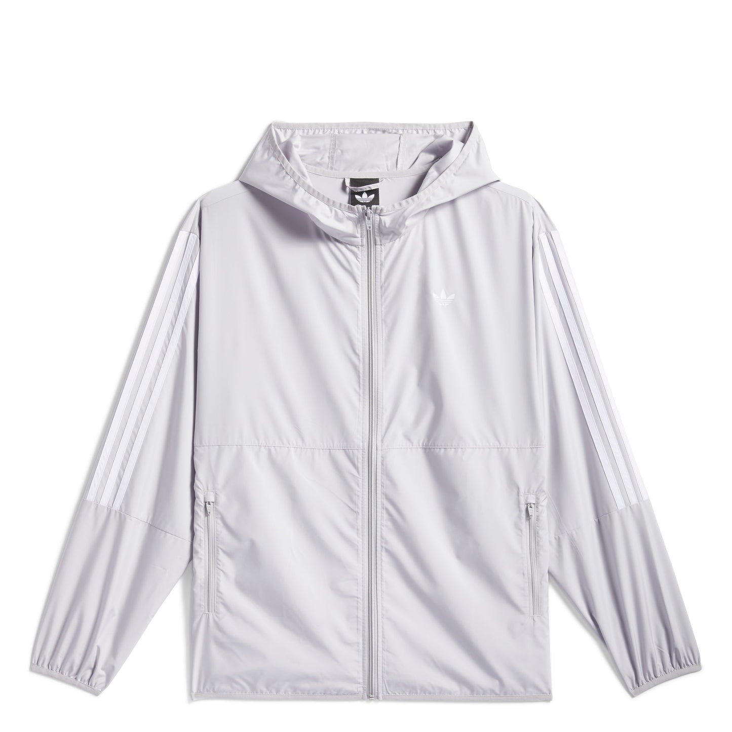 Light gray and white jacket with a hood on a white background