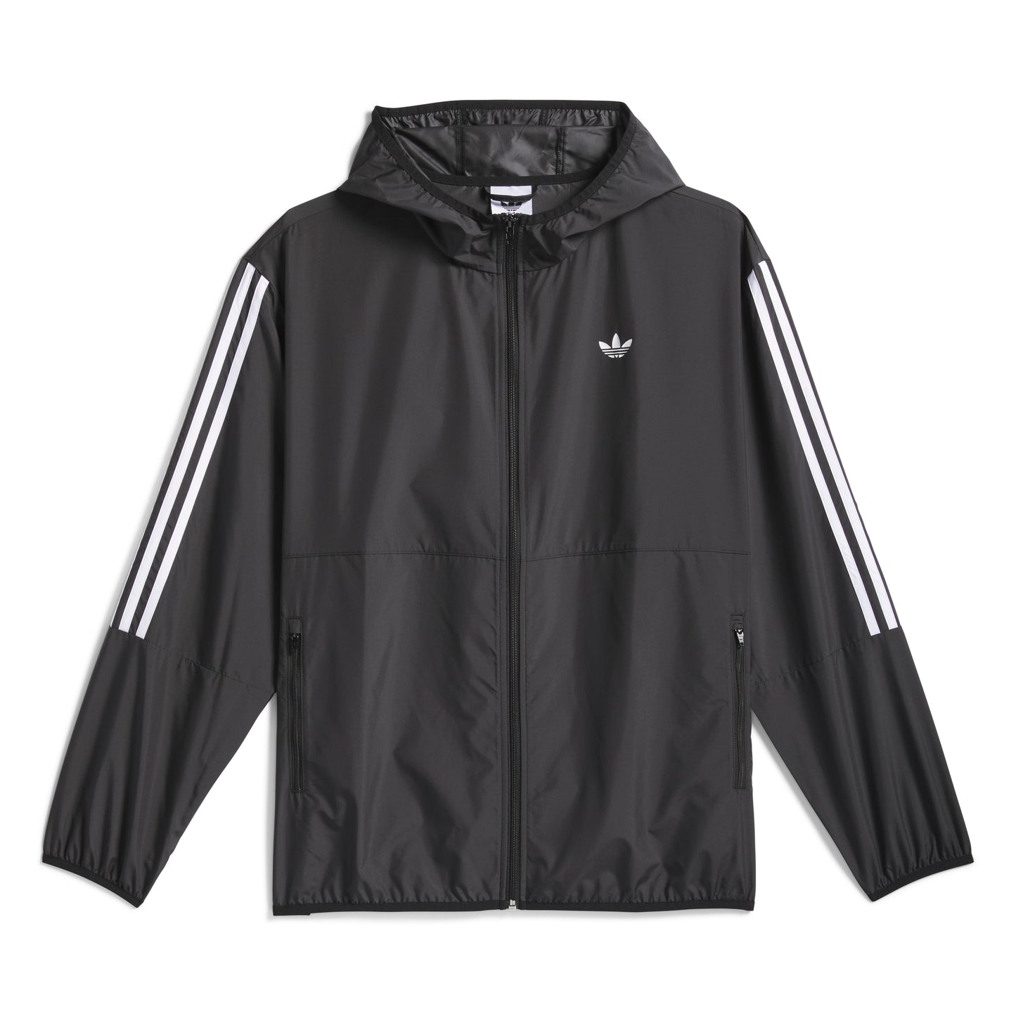Black jacket with white stripes and Adidas logo on a white background