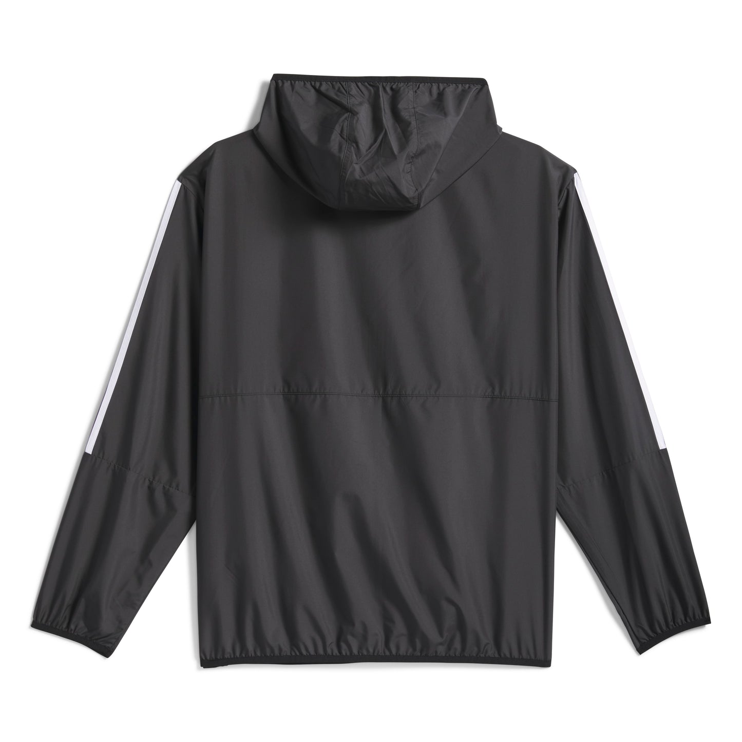 rear of Black jacket with a hood on a white background