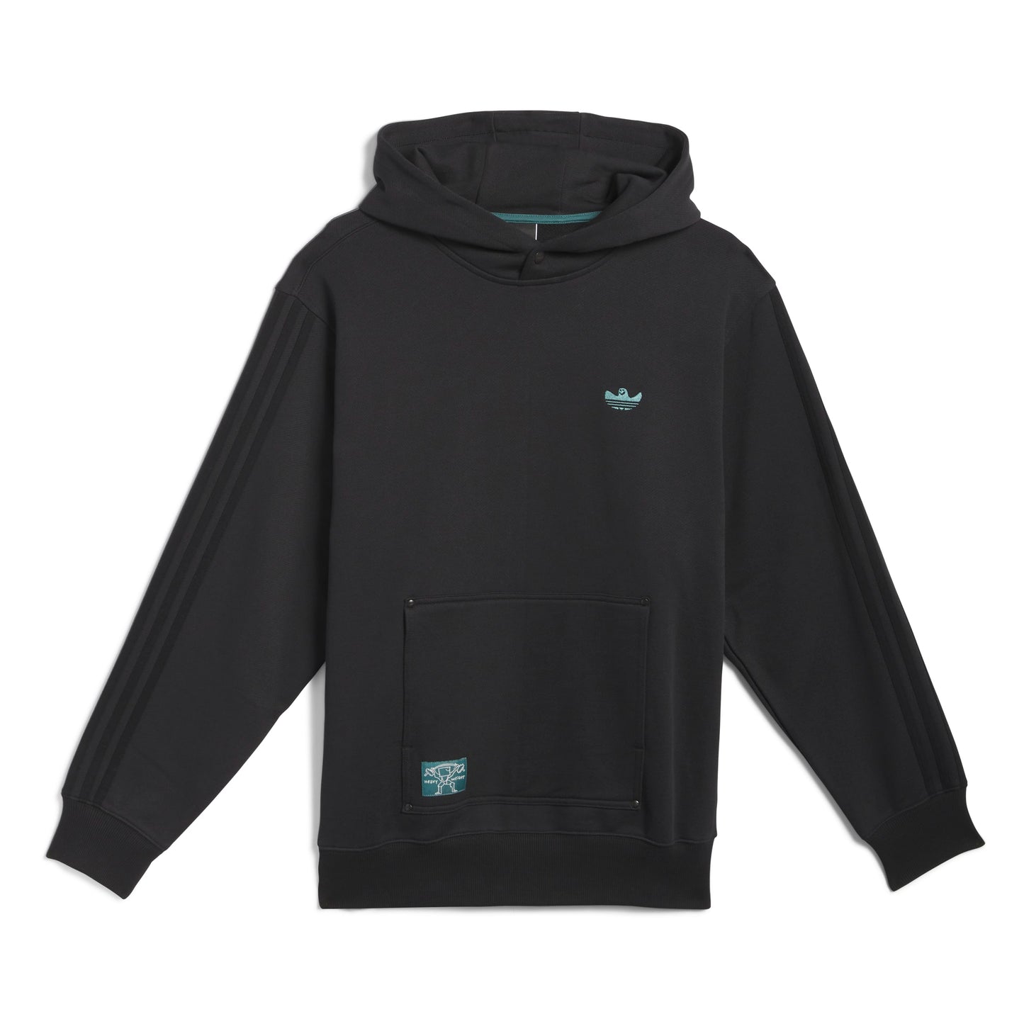 Black hoodie with a brand logo on a white background