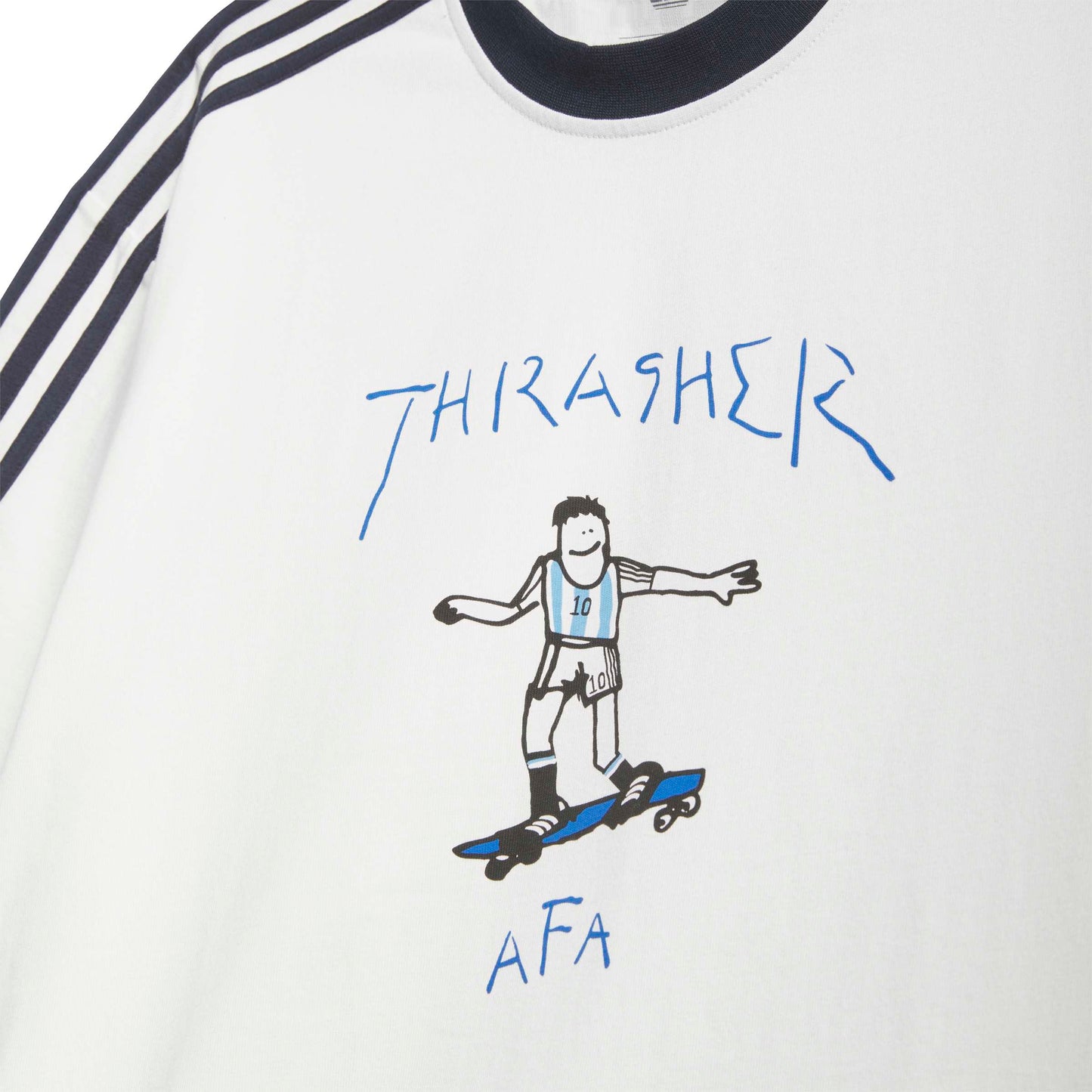 White t-shirt with 'Thrasher' and 'AFA' graphics on a plain background