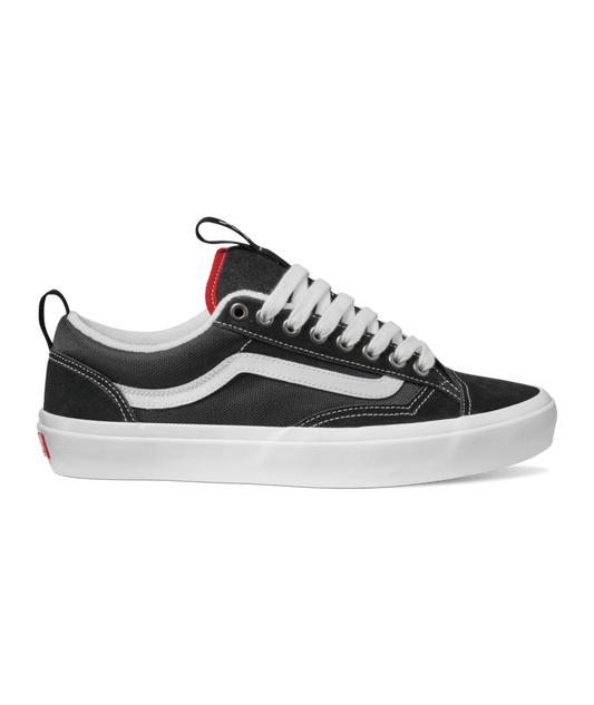 side view of black/white lowtop skateboard shoe with white sidestripe