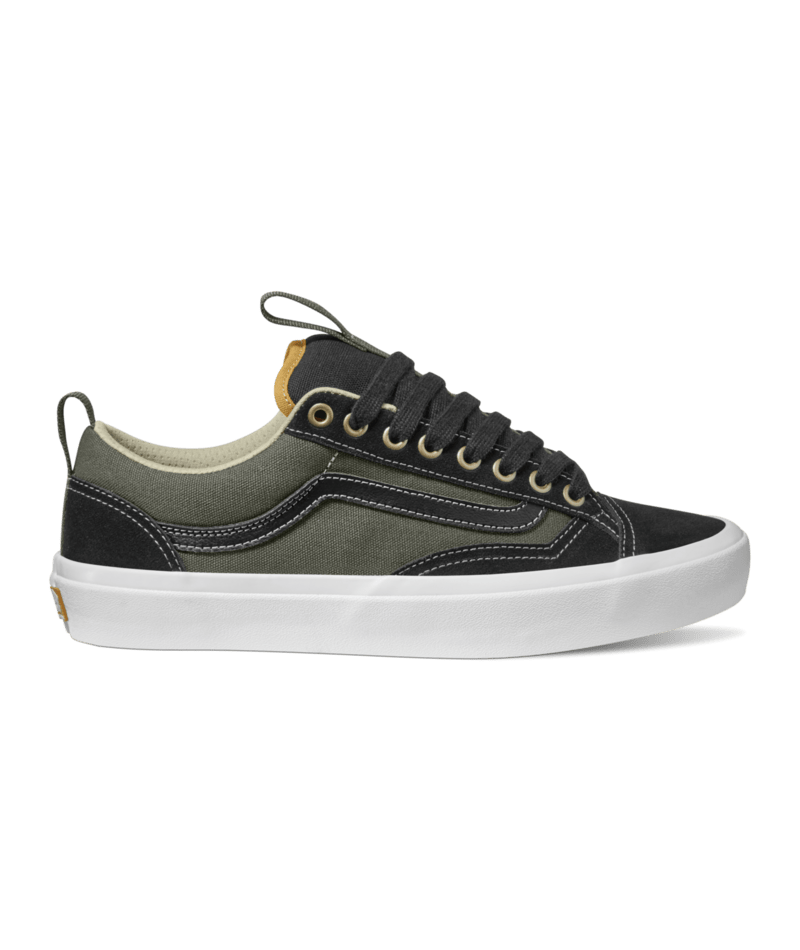side view of green and black lowtop skate shoe with white sole