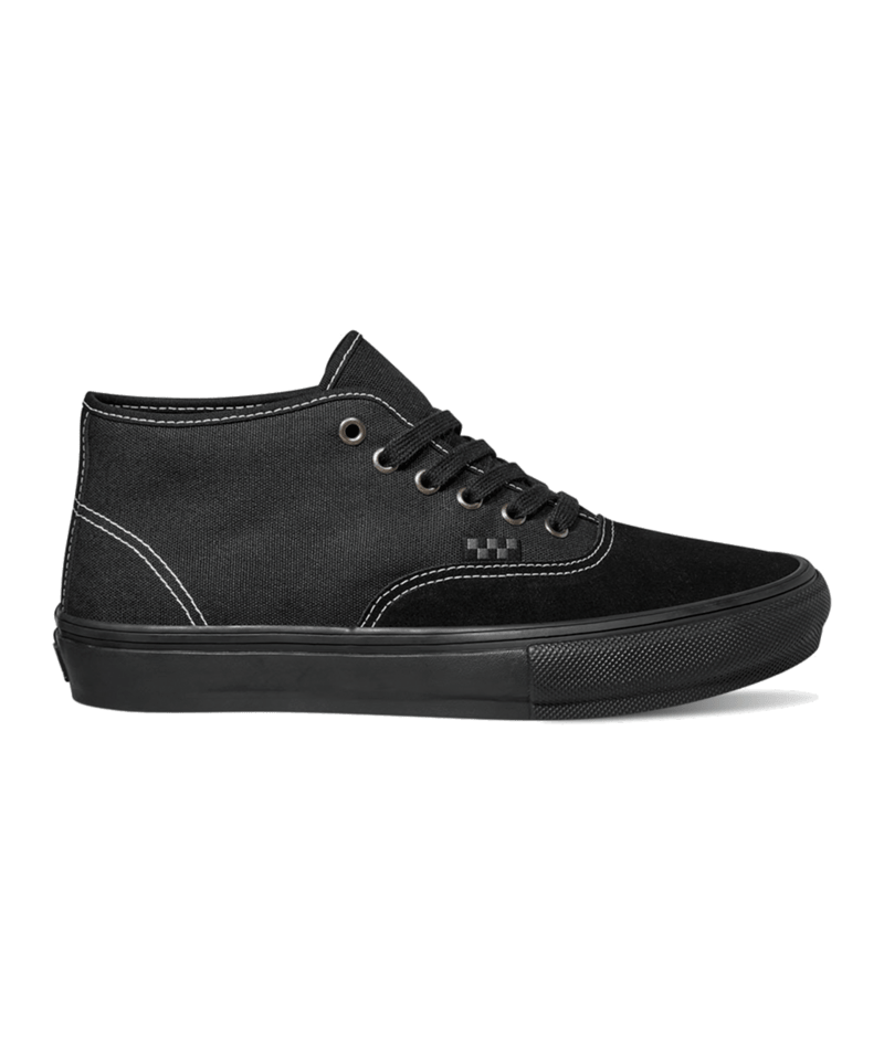 side view of all black suede and canvas mid top skateboard shoe