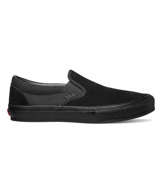 Side view of blackout suede and canvas slip on sneaker from Vans