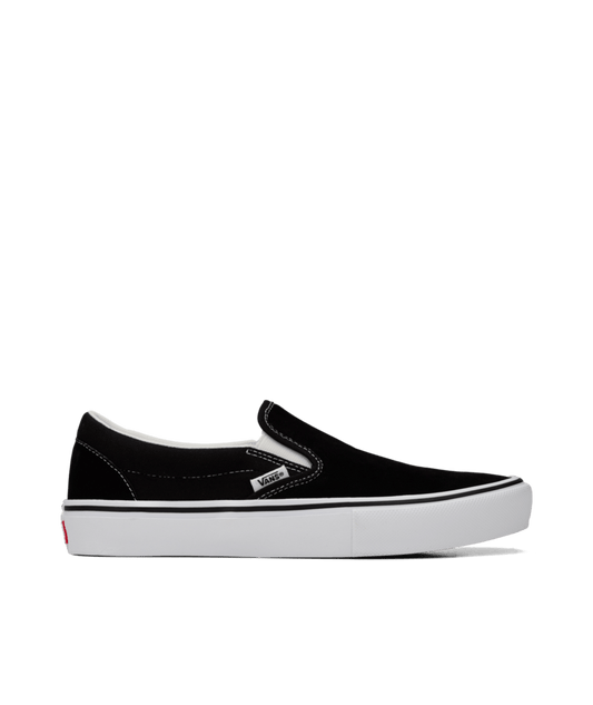 side view of black suede and canvas lowtop sneaker with white sole