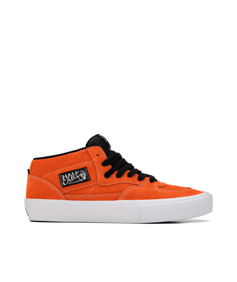 Orange high-top sneaker with white sole, black laces on a white background