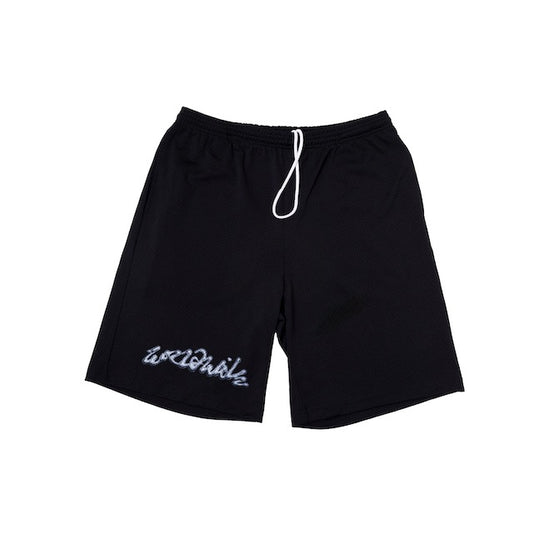 Black shorts with white drawstring on a white background