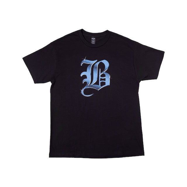 Black t-shirt with a large blue letter 'B' on a white background