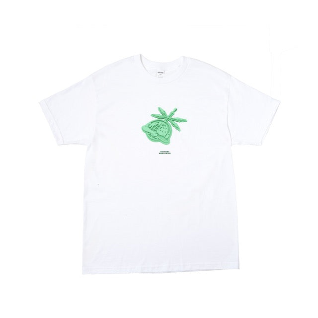 White t-shirt with a green graphic on a white background