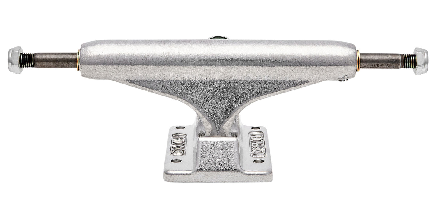 Skateboard truck with metallic finish on a white background