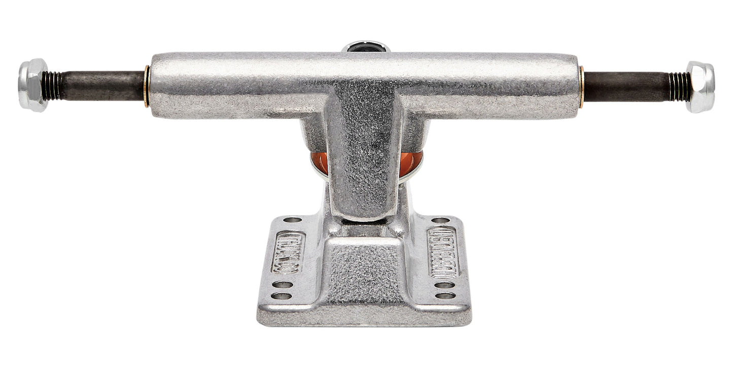 Skateboard truck with metal finish on a white background