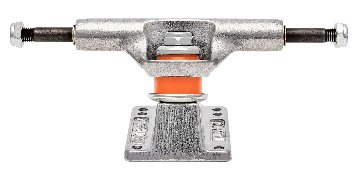 Skateboard truck with metal finish and orange bushing on a white background