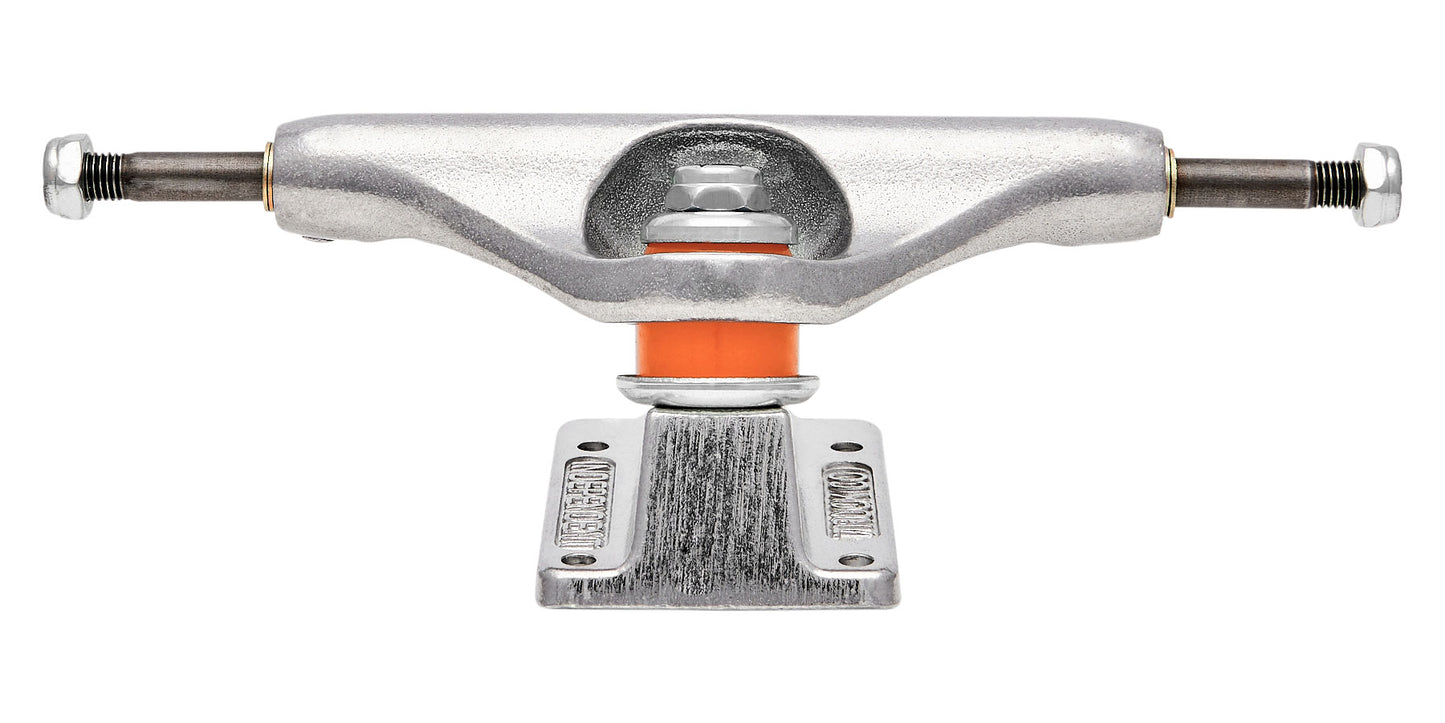 Skateboard truck with silver metal and orange bushing on a white background