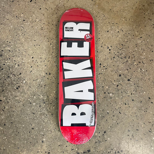 black and white Baker logo on red skate deck