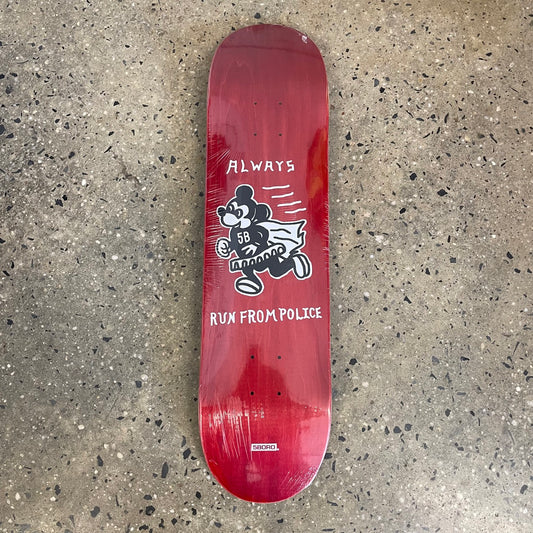 5boro Always Run Skate Deck, mouse running away, black and red.