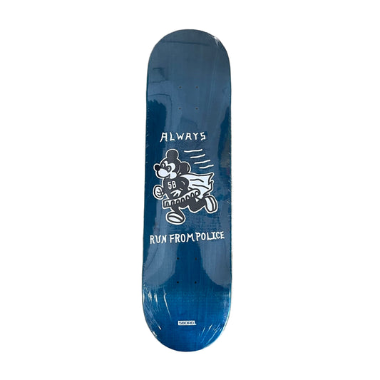 skateboard deck with hand drawn image of mouse running away