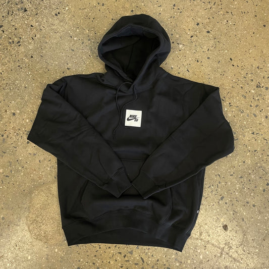 black hoodie with black and white logo