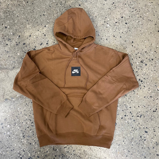 brown hoodie with black and white logo
