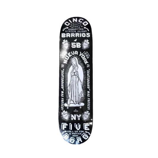black skateboard with silver text and religious figure in the middle