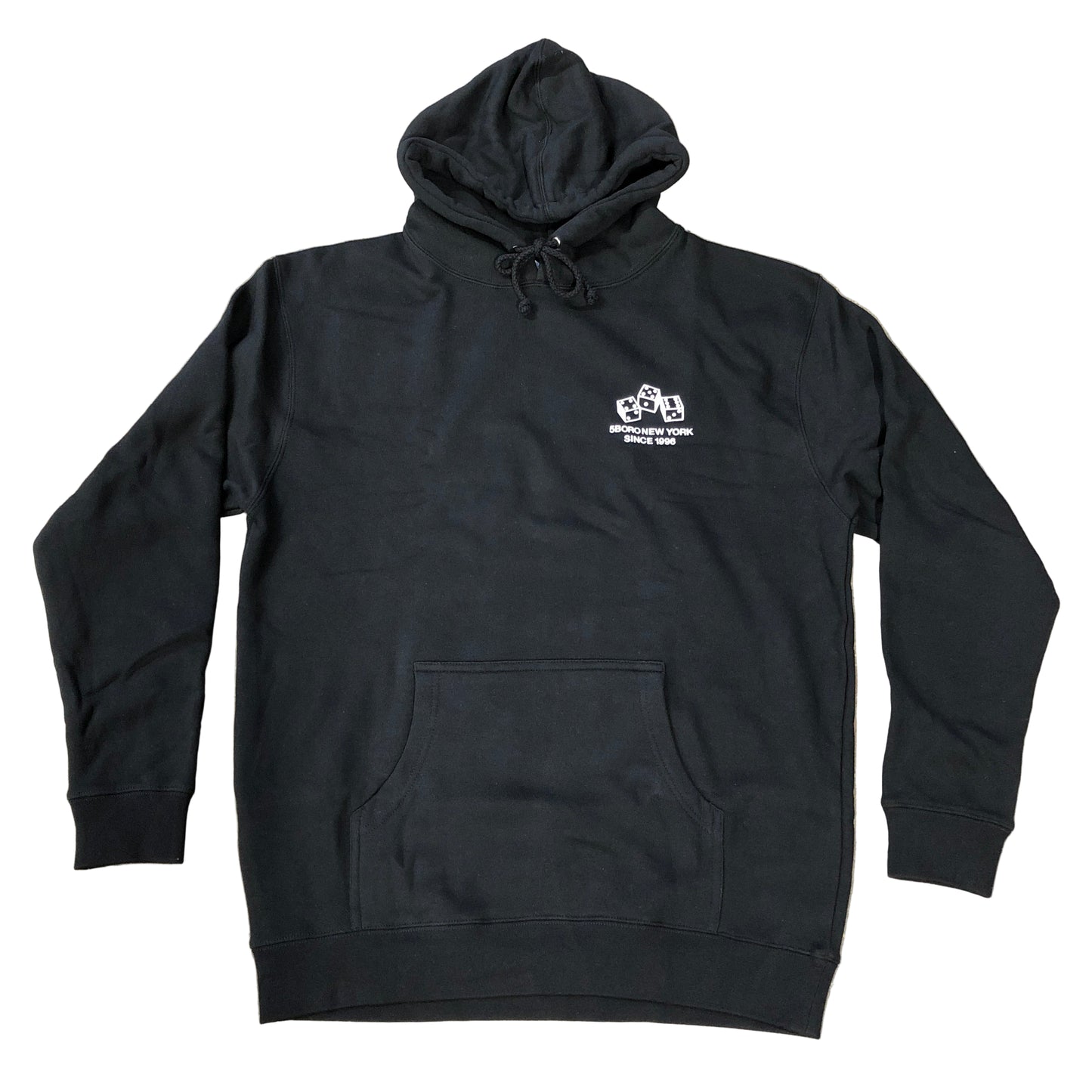 Black hoodie with a logo on a white surface