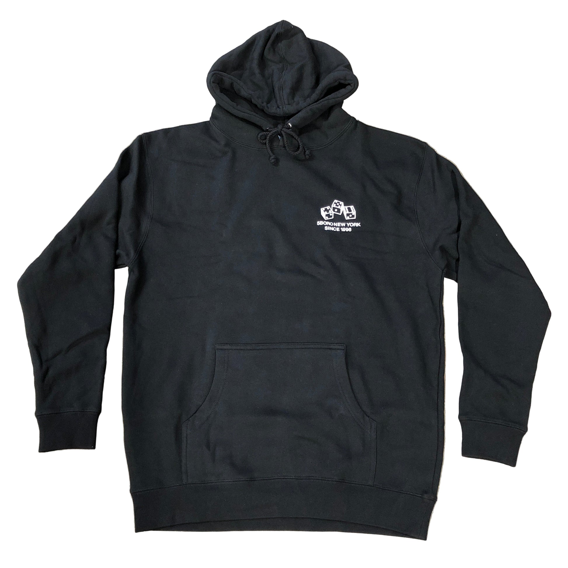Black hoodie with a logo on a white surface