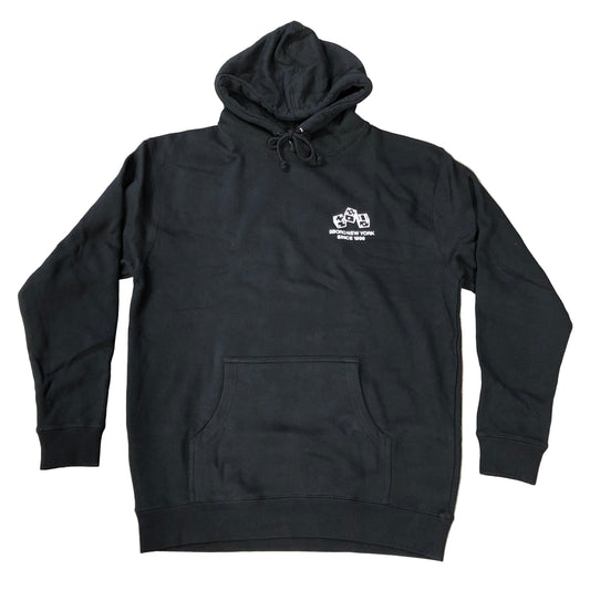 Black hoodie with a logo on a white surface