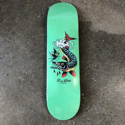 lime green skateboard with a bird and fish and black text