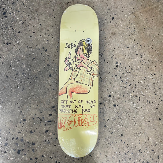 drawing of abstract person on yellow skate deck