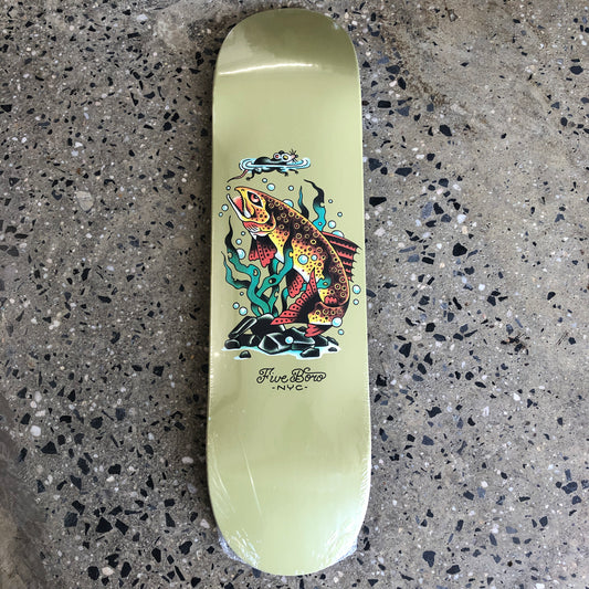 beige skateboard with a trout graphic and black text