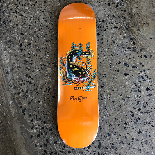 orange deck with a catfish, a knife, and black text