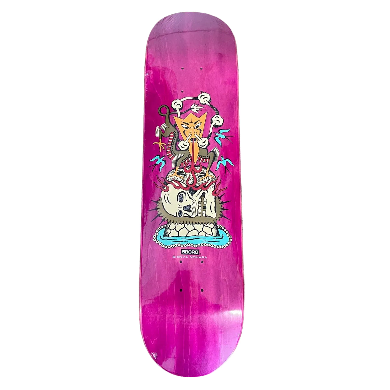 Dragon dancing on skull graphic on stained wood grain colors, colors may vary.