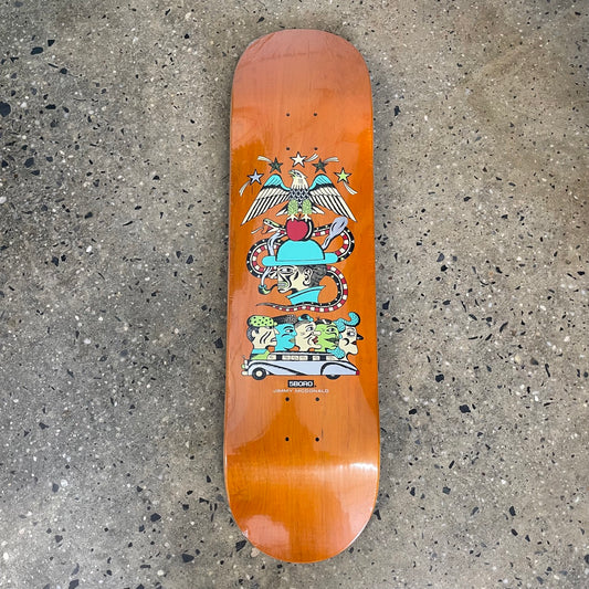 orange skateboard deck with an eagle, snake, and car graphic