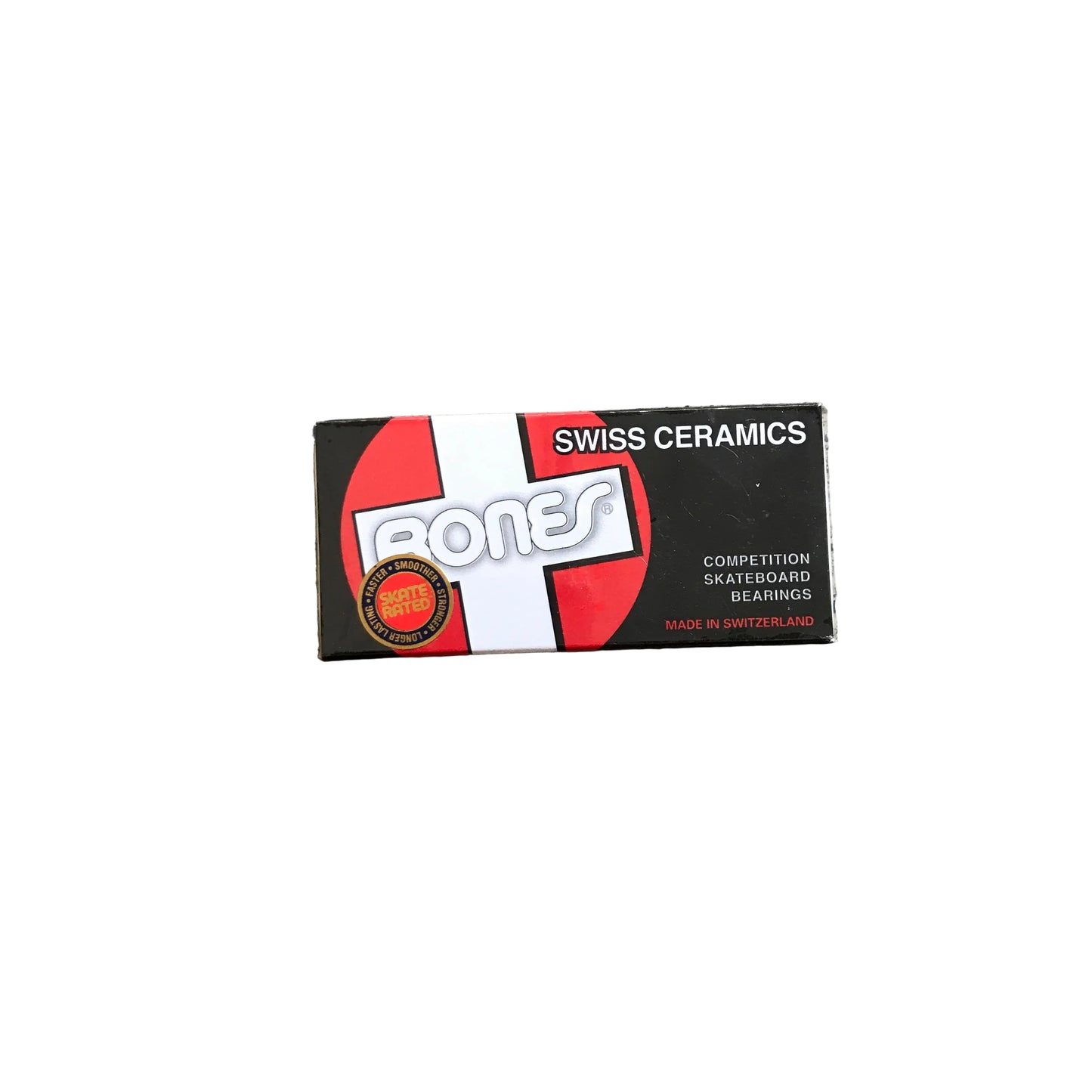 Black, red and white ceramics logo on small pack of bearings from bones