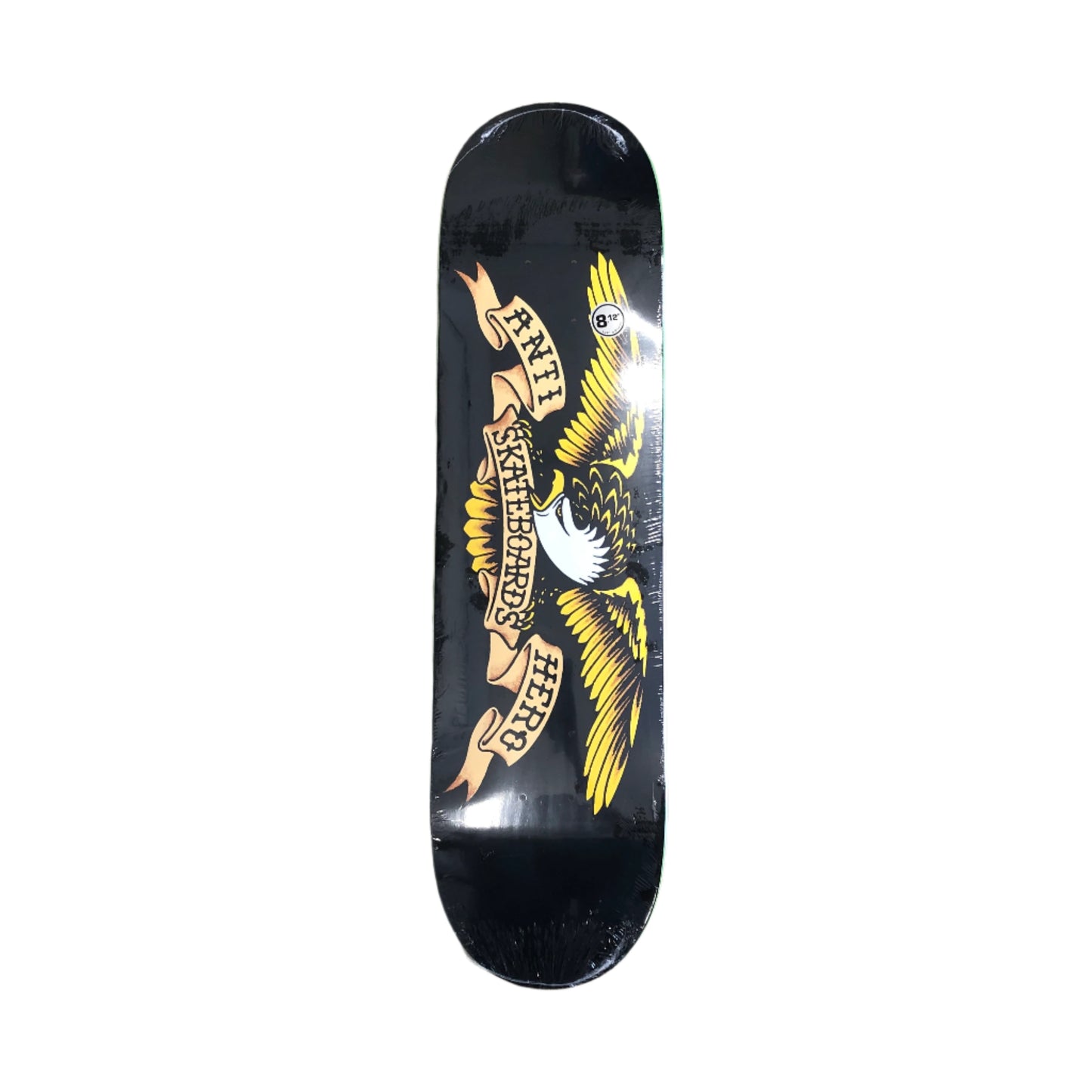 yellow eagle with spread wings logo on black skate deck