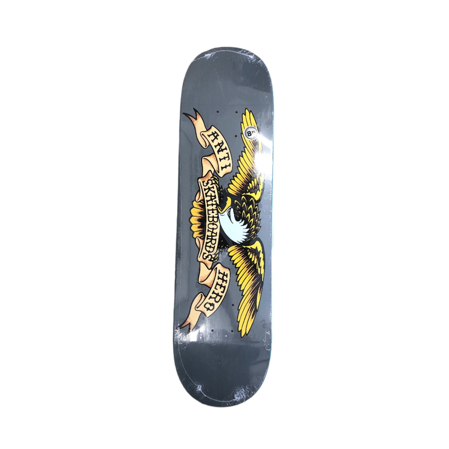 grey skateboard with antihero eagle across the bottom