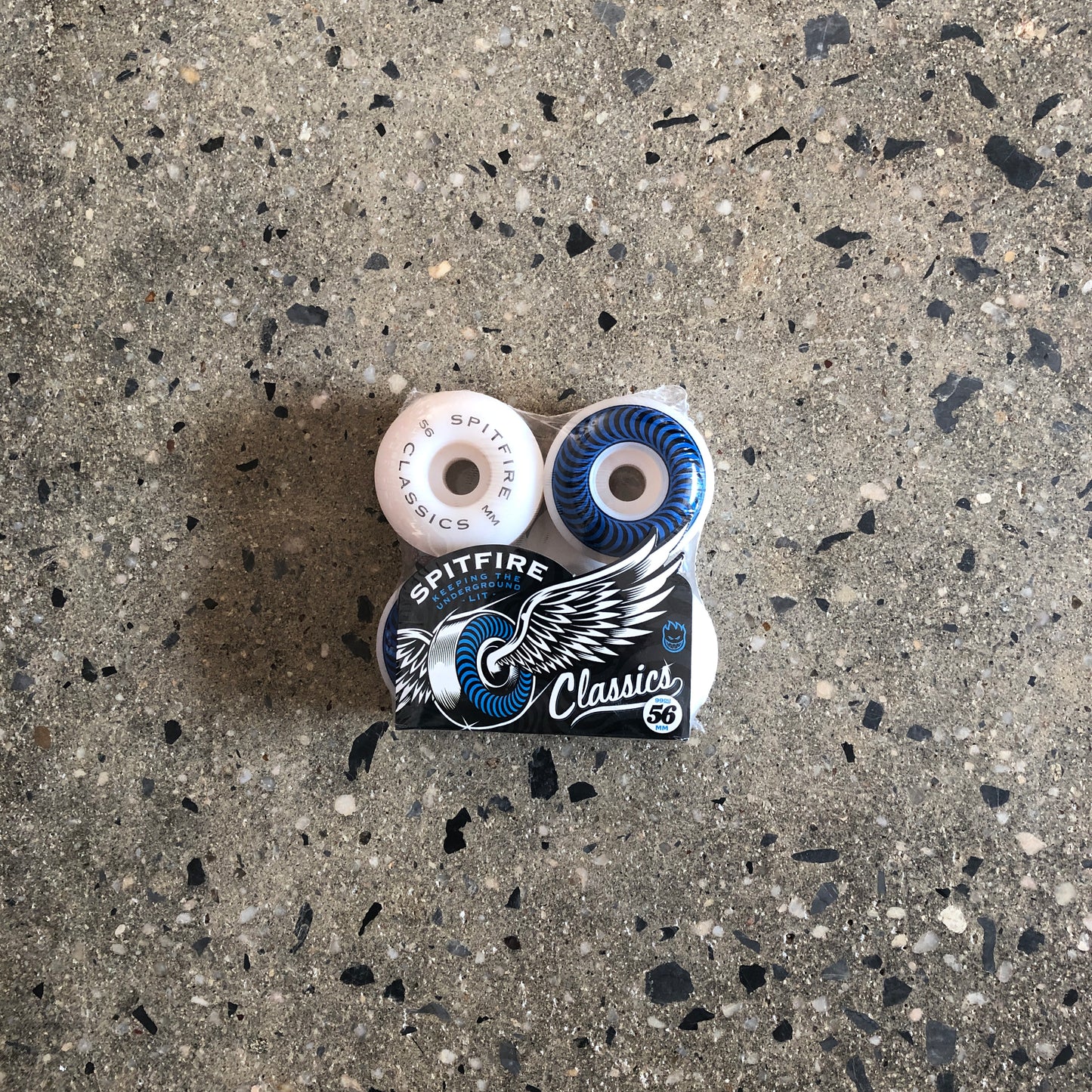 white wheels with blue and black design