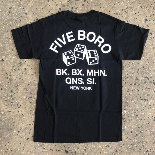 Large back print of Five Boro arch logo, three dice, and BK., BX., MHN., QNS., SI., and new york on the bottom line, white ink black t-shirt