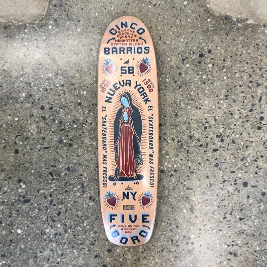 skateboard with red and blue text and religious figure in the middle