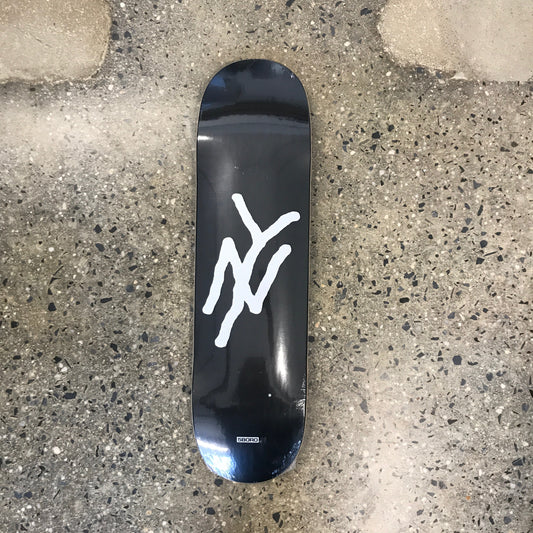 black skateboard with a white NY graphic