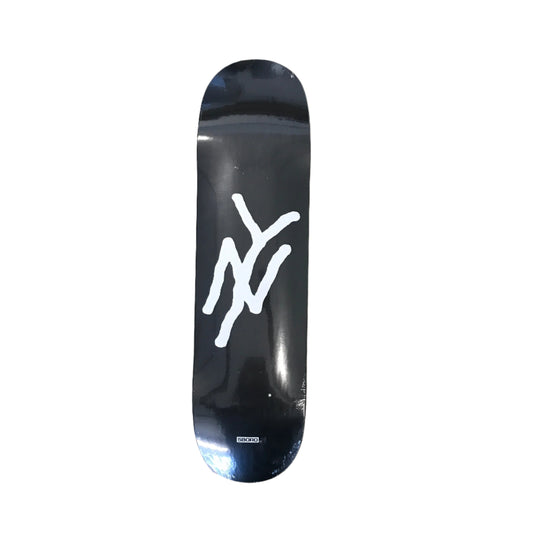 black skateboard with a white NY graphic