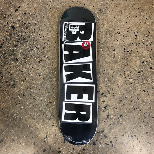 black and white Baker logo on black skate deck