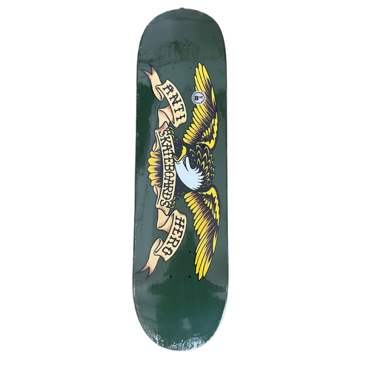 eagle with wings spread on green background skateboard deck
