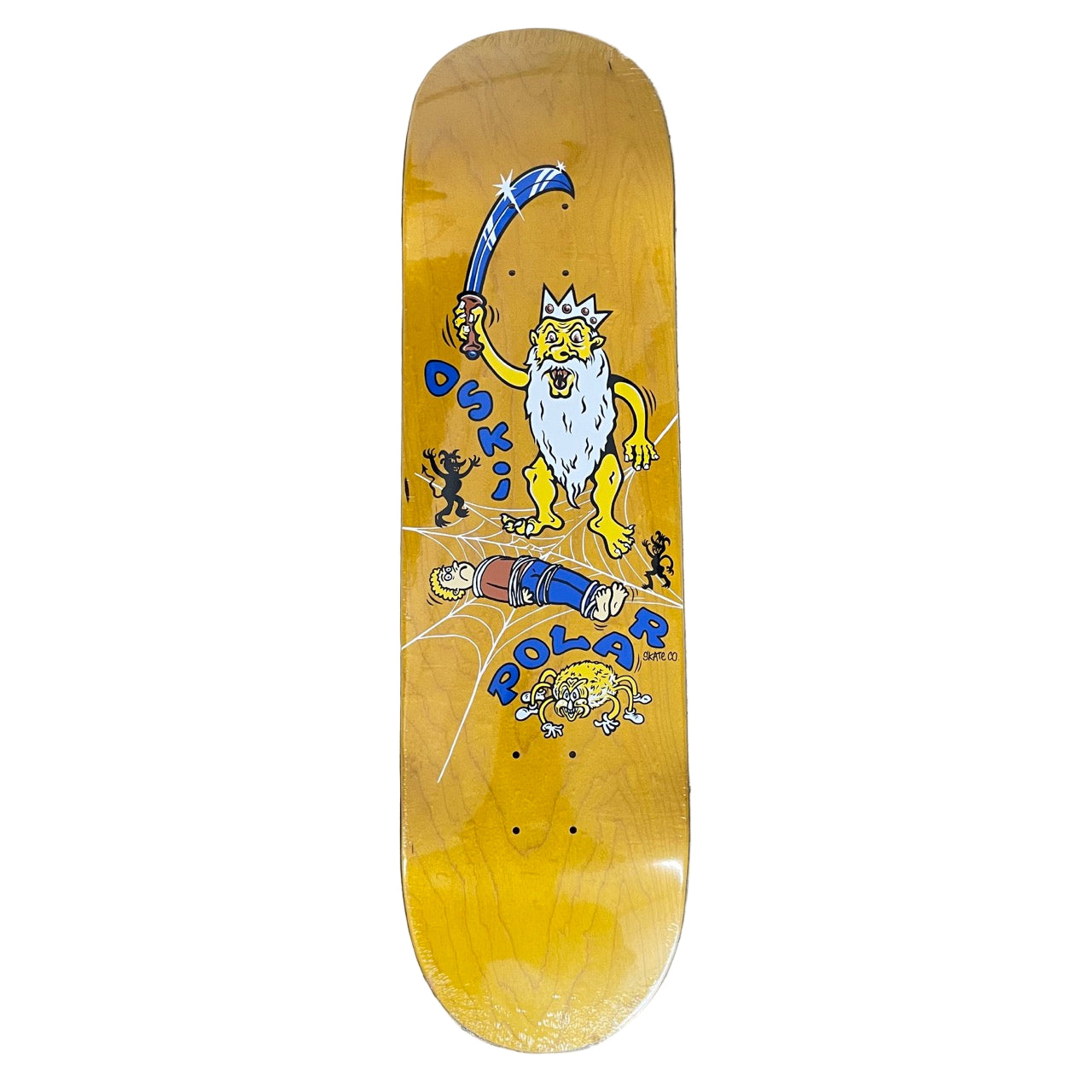 caveman with sword on yellow wood grain skate deck (wood grain color may vary)