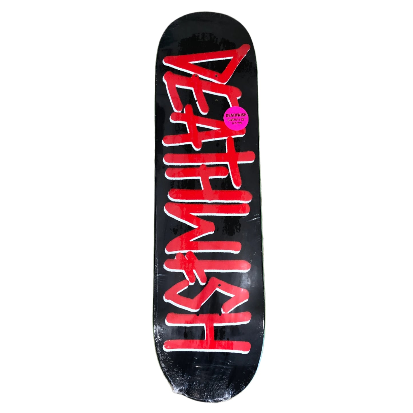 red and black skateboard with deathwish spraypaint logo