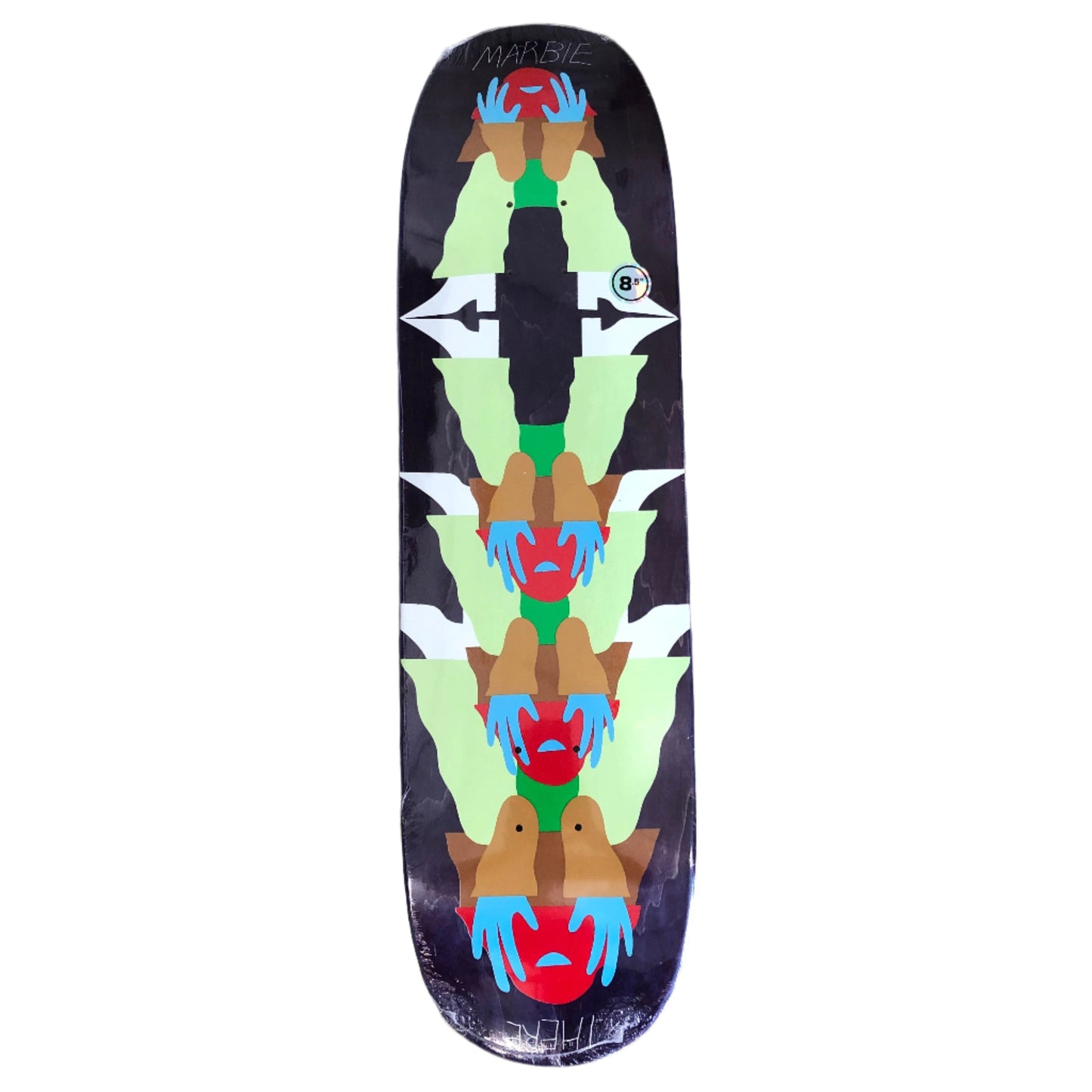 multi color hand drawn style logo on skateboard deck