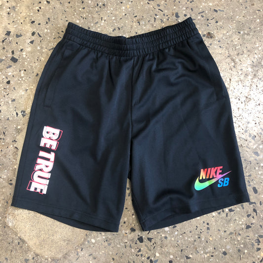 black shorts with multi color logo