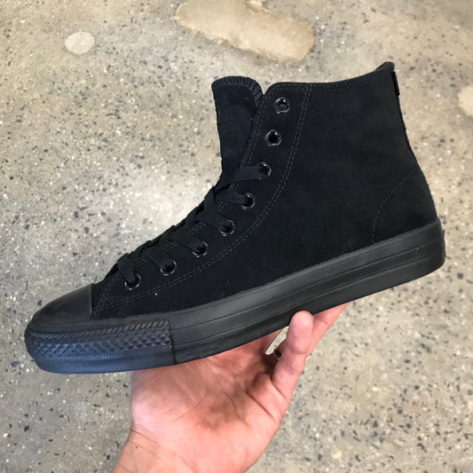 black hi top sneaker with black sole, side view