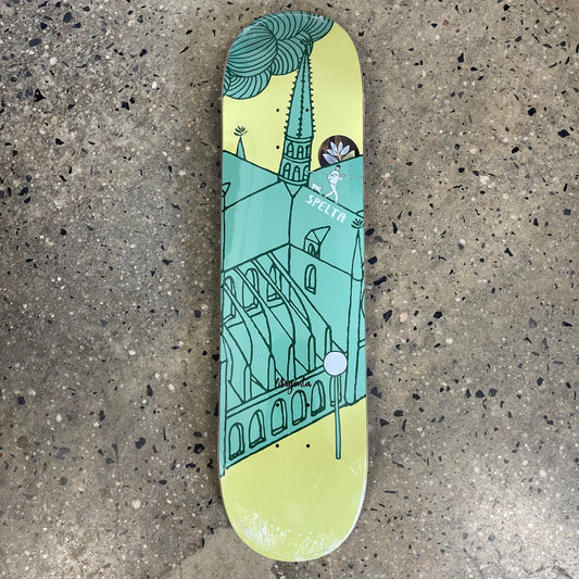 green abstract drawing of buildings on yellow skate deck